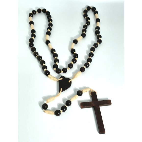 Handcrafted Wooden Rosary Necklace With Heart & Cross Design - Picture 1 of 8